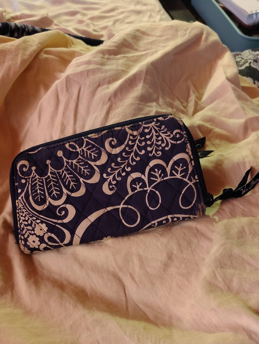 Vera Bradley Quilted Zip Wallet in Navy and Cream Floral